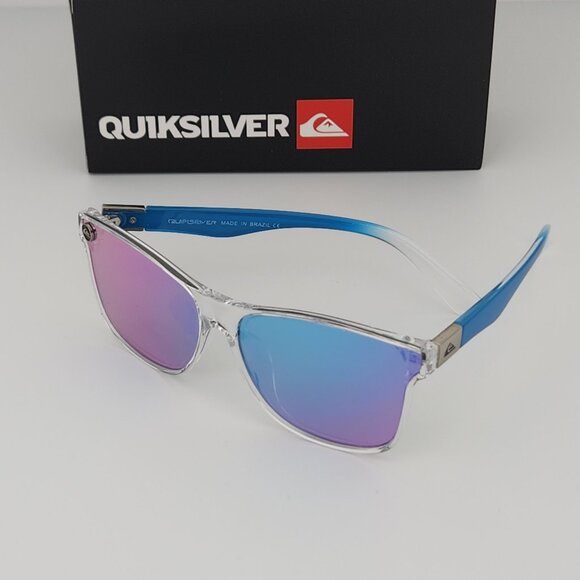 Quiksilver Round Flat Lens Sunglasses Clear Frame Blue Arms Blue-Mirror Lens - Picture 3 of 12